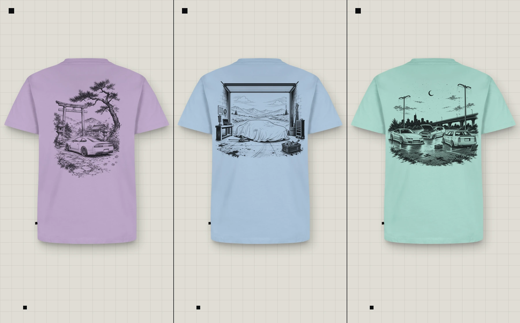 Three made2drive graphic T-shirts with JDM in Japan, Hobby Garage and Night Meet car-culture backprints